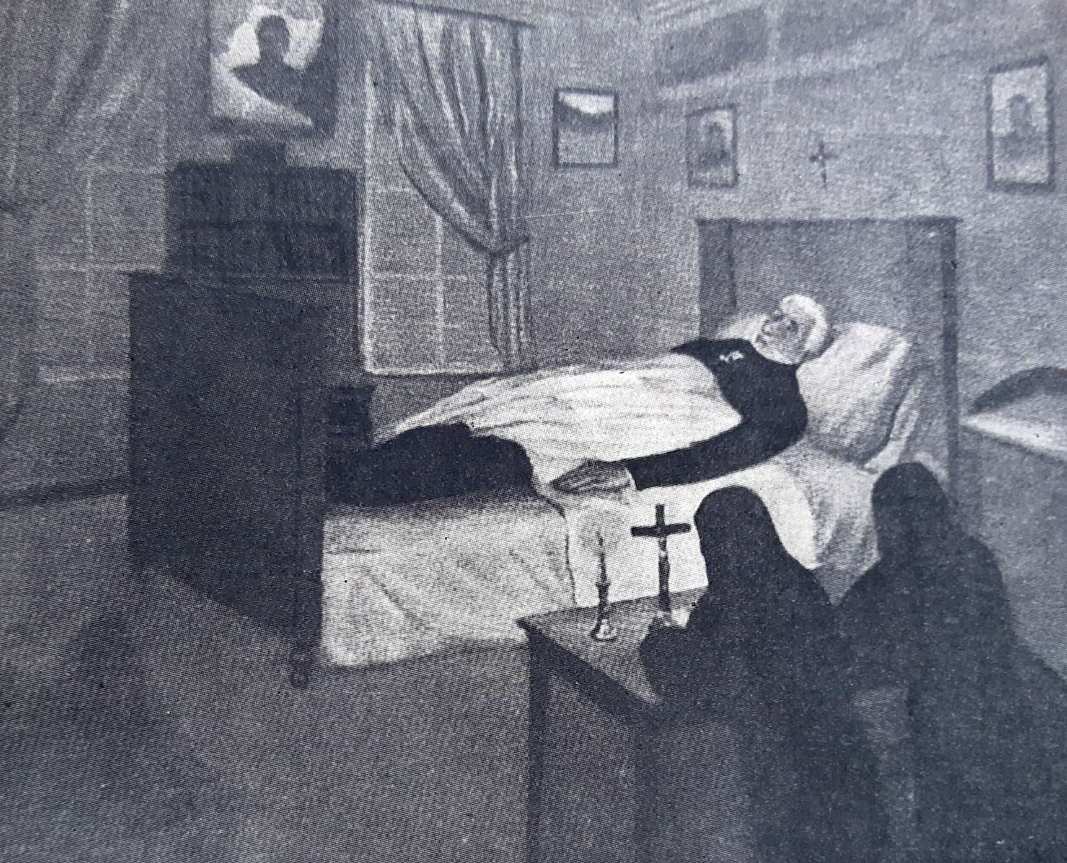 Pintura que muestra a San Martín en el austero lecho de muerte, con las Hermanas de la Caridad rezando